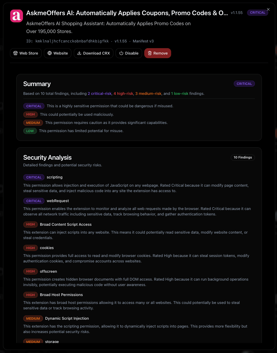 Extension Risk Analysis - Color-coded risk assessment of browser extensions